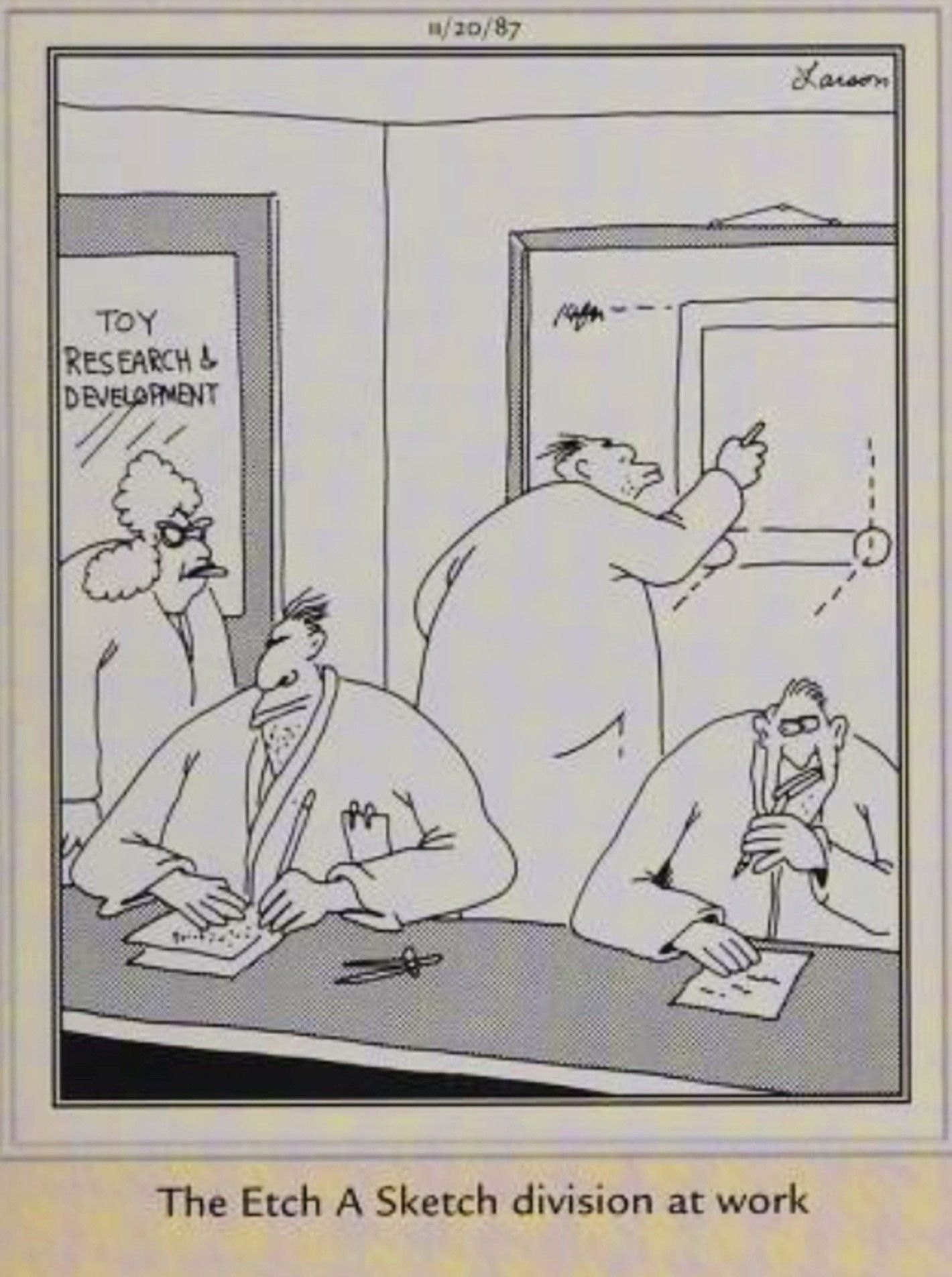 Far Side, November 20, 1987, the &lsquo;etch a sketch&rsquo; research and development division