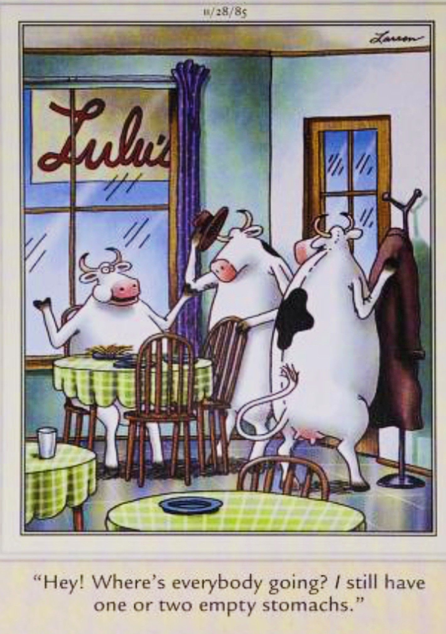 Far Side, November 28, 1985, a cow at a diner says it is still hungry