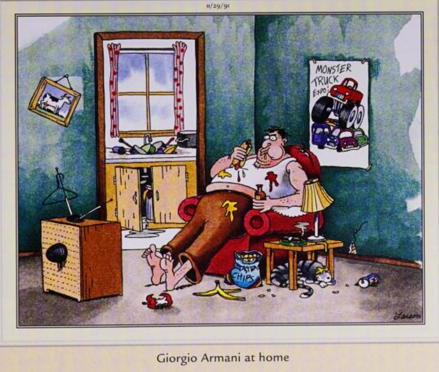 Far Side, November 29, 1991, depicting &lsquo;Giorgio Armani&rsquo; at home as a slob