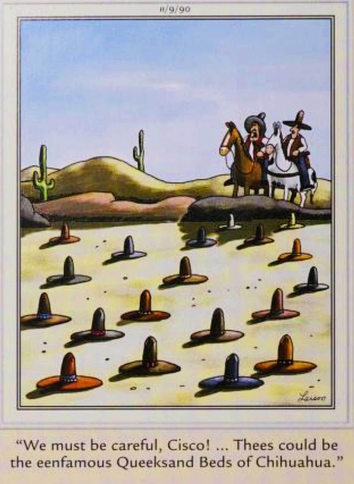 Far Side, 9 de noviembre de 1990, los vaqueros se encuentran con un pozo masivo y un pozo