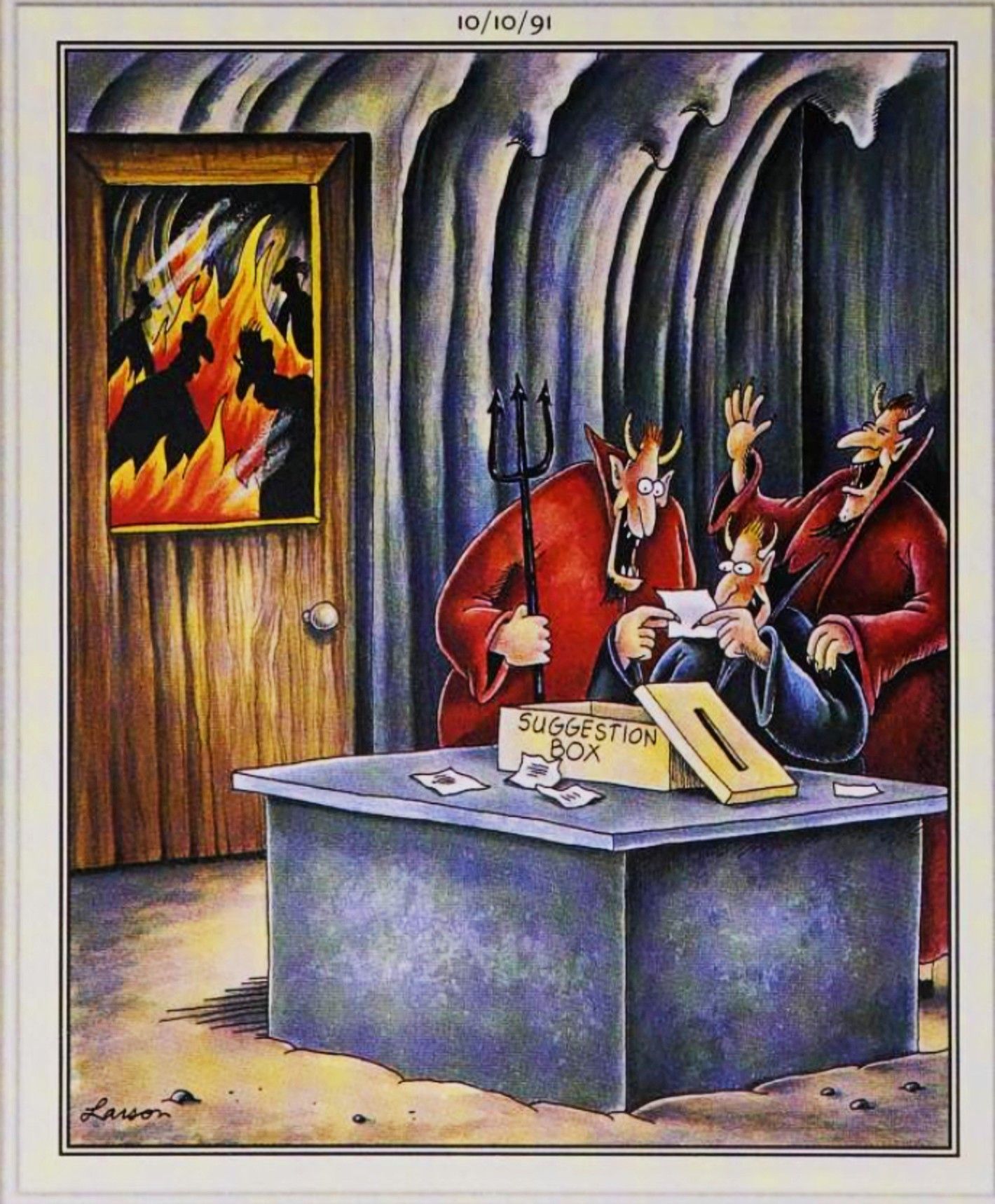 Far Side, October 10, 1991, devils laughing at notes in hell&rsquo;s suggestion box