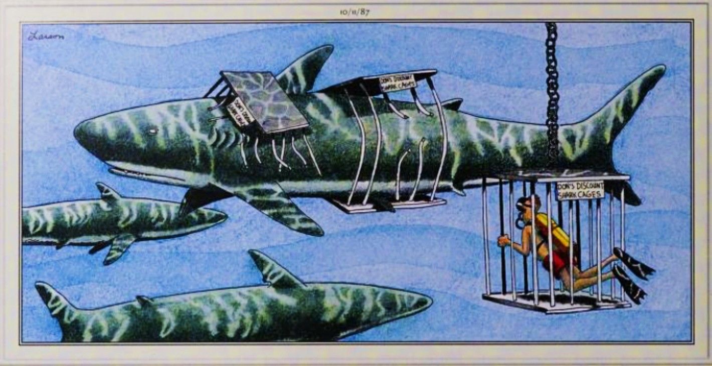 Far Side, October 11, 1987, a diver in a discount shark cage looks at the massive sharks around him
