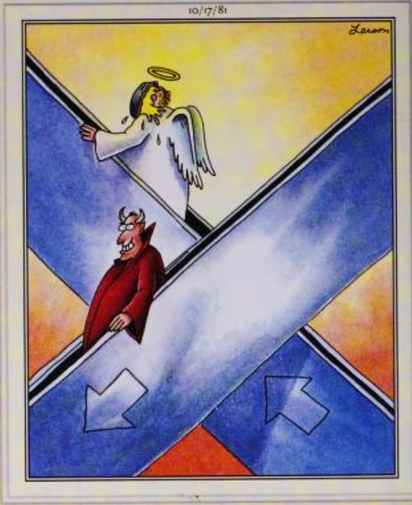 Far Side, October 17, 1981, a devil pies an angel in the face on passing escalators