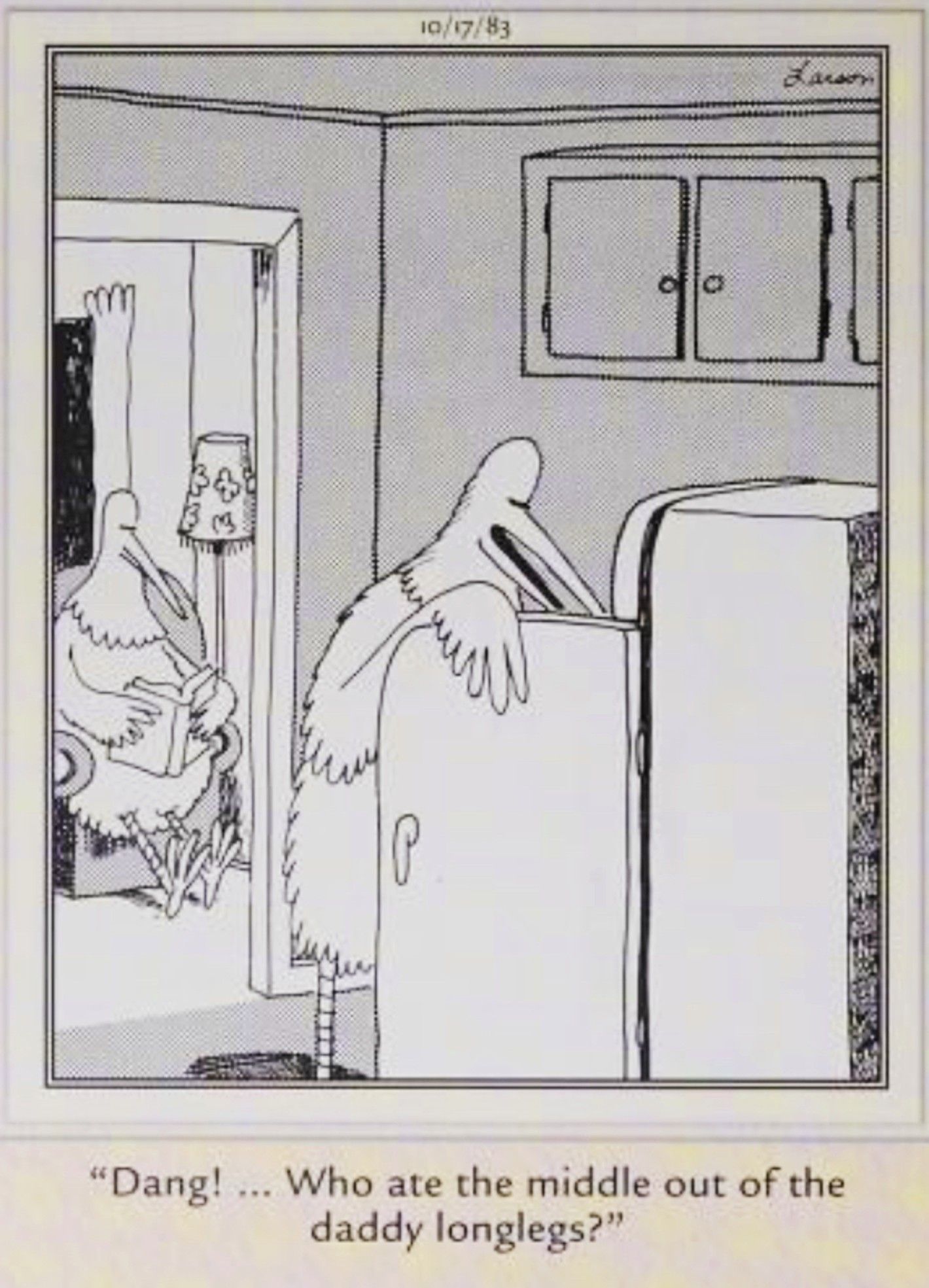 Far Side, October 17, 1983, a bird looking in the fridge for a snack