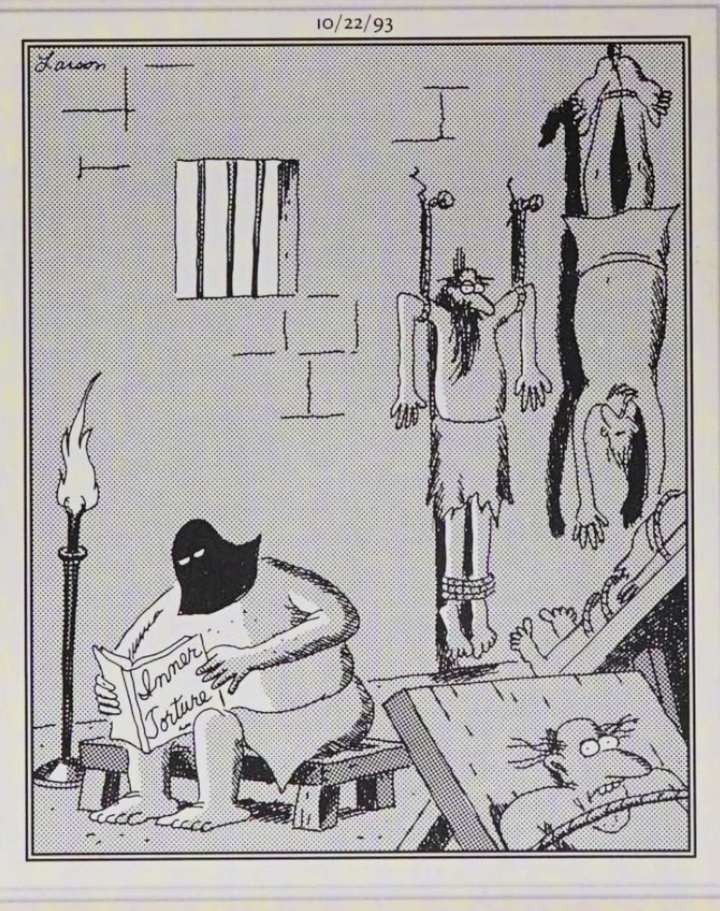 Far Side, October 22, 1993, a dungeon master reading a book entitled &lsquo;inner torture&rsquo;