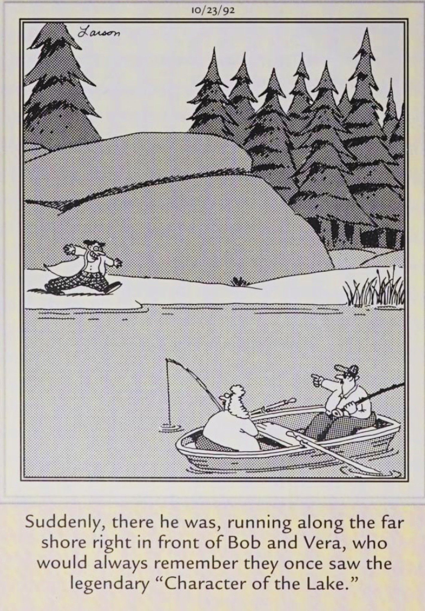 Far Side, October 23, 1992, a couple on a fishing trip see the &lsquo;character of the lake&rsquo;