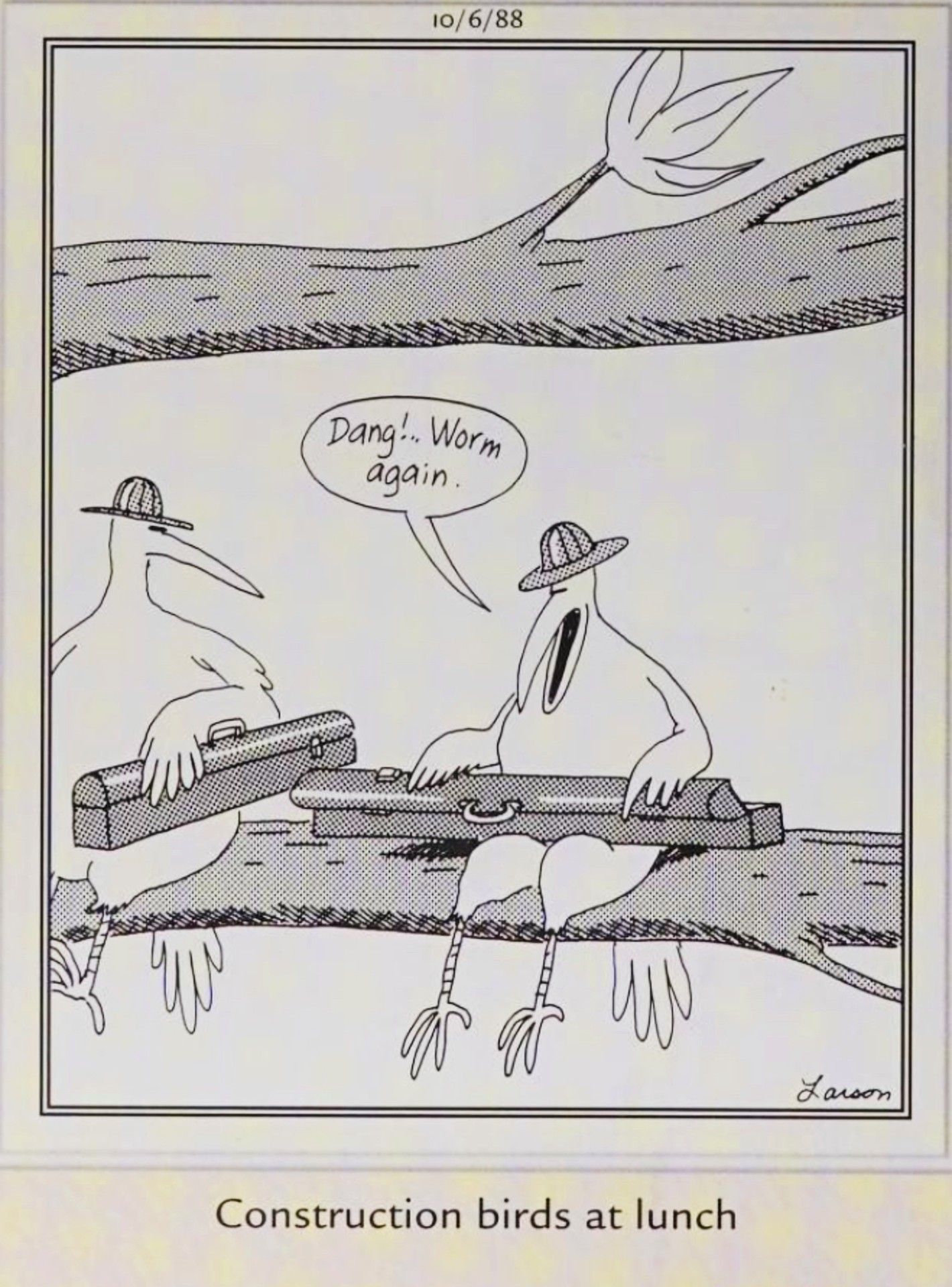 Far Side, October 6, 1988, a construction bird is disappointed by another worm for lunch