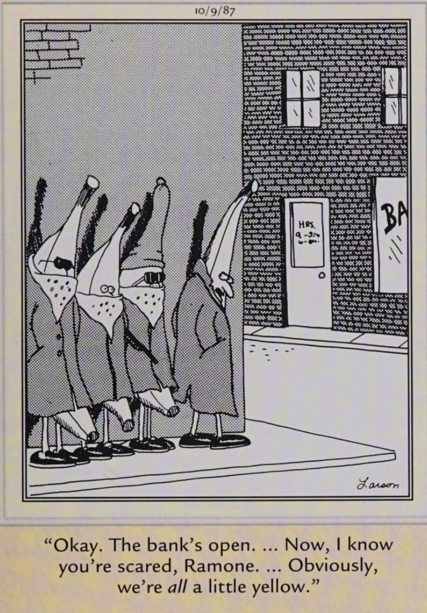 Far Side, October 9, 1987, bananas in trench coats preparing to rob a bank