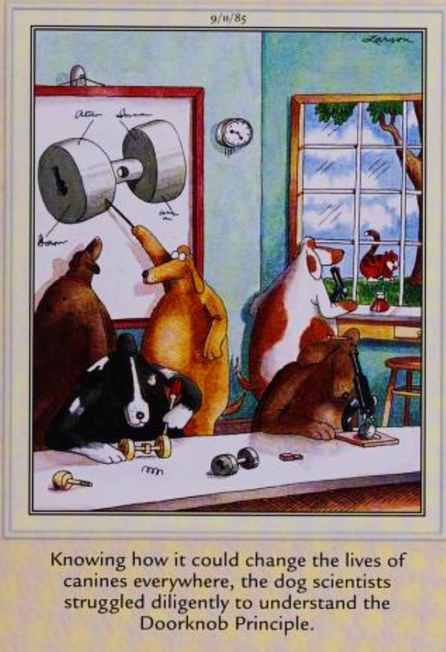 Far Side, September 11, 1985, dog researchers try to figure out &lsquo;the Doorknob Principle&rsquo;
