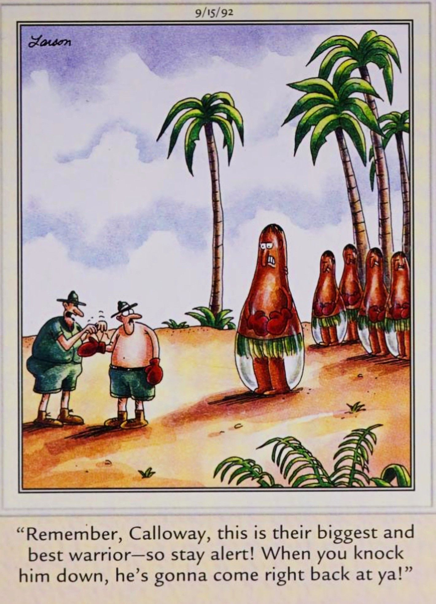 Far Side, September 15, 1992, a man prepares to box a dummy on an island