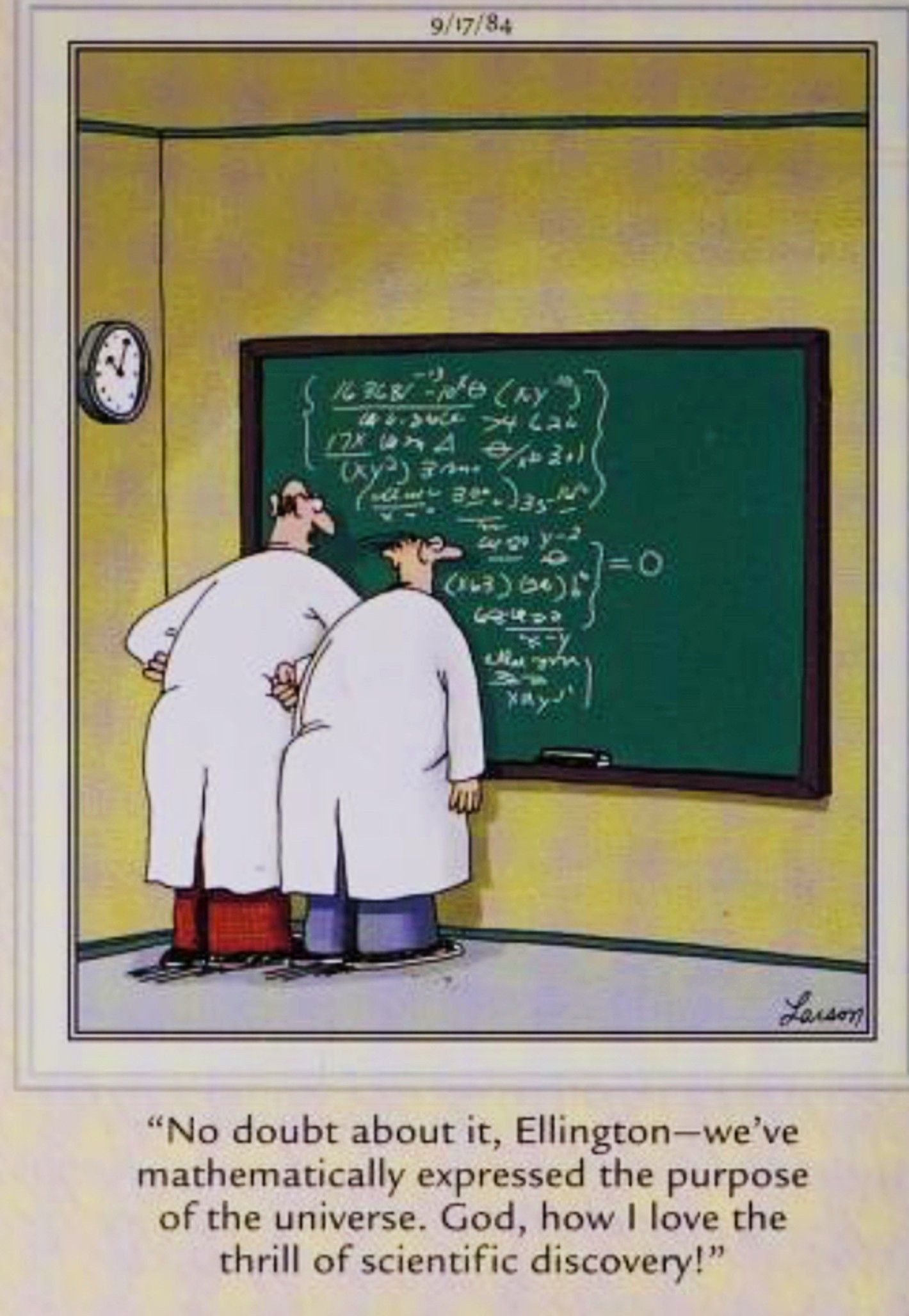 Far Side, September 17, 1984, scientists realize the mathmatical purpose of the univers is &lsquo;0&rsquo;