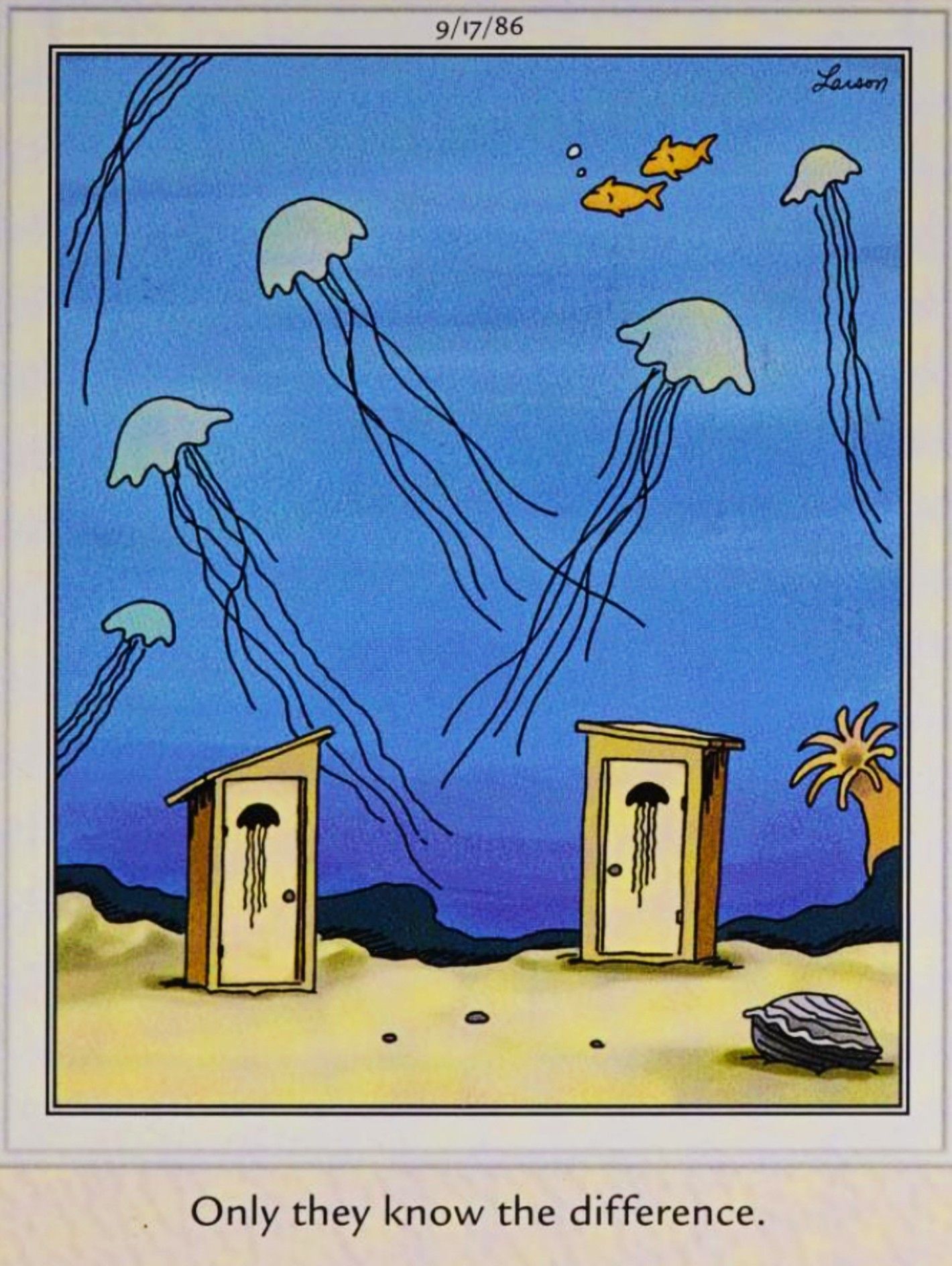 Far Side, September 17, 1986, jellyfish outhouses with identical looking silhouettes