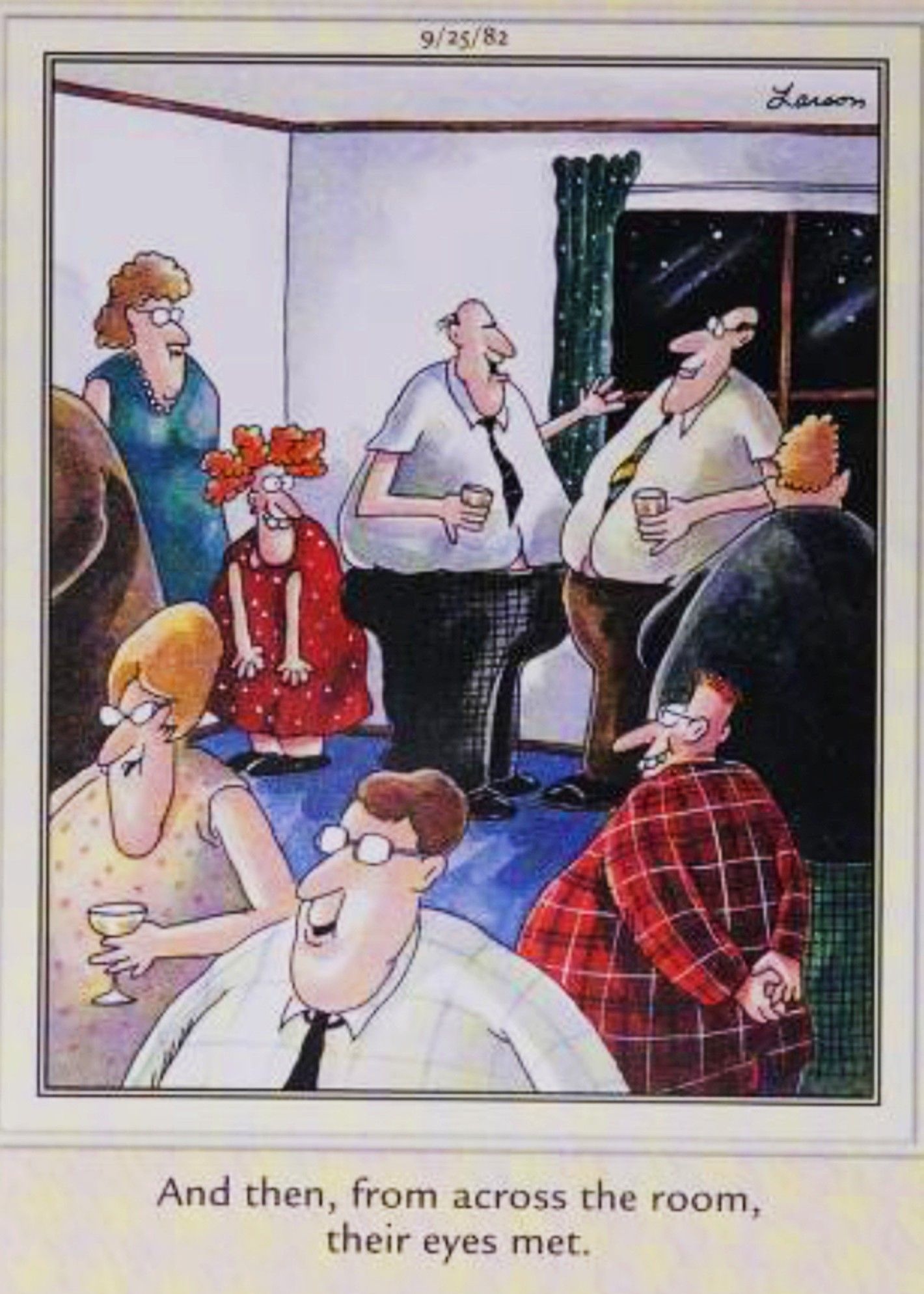 Far Side, September 25, 1982, two nerdy characters see each other across a crowded room