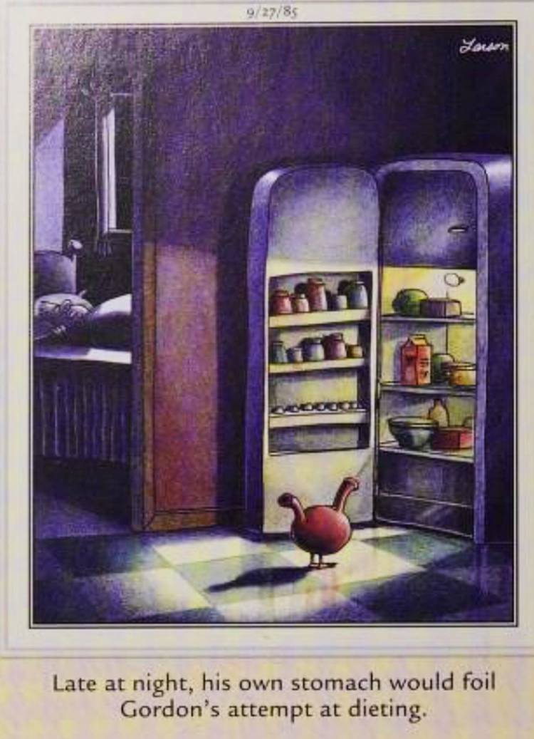 Far Side, September 27, 1985, a disembodied stomach raids the fridge late at night