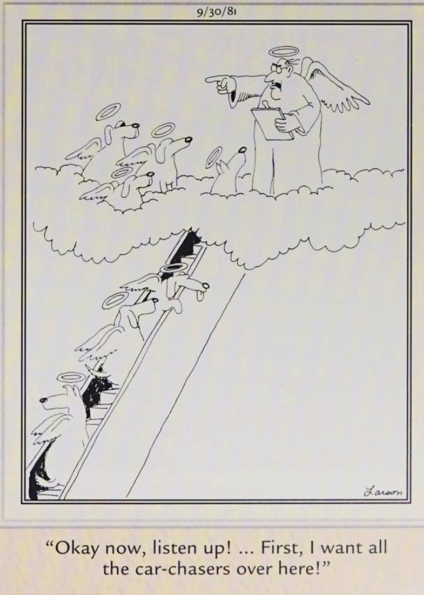 Far Side, September 30, 1981, dogs taking an escalator to heaven