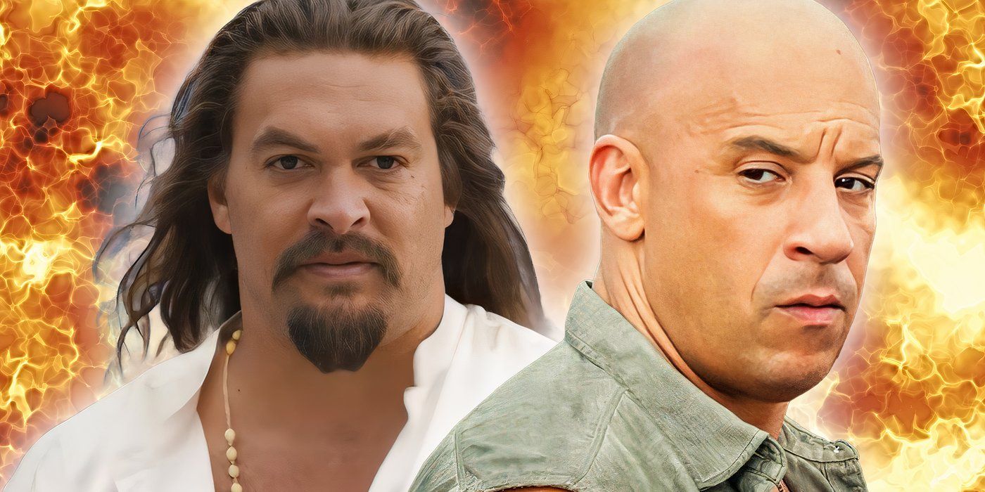 An edited image of Vin Diesel as Dom and Jason Momoa as Dante in Fast X with an explosion in the background.