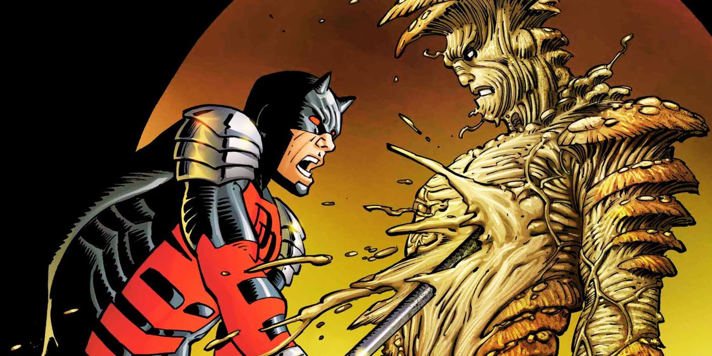 Daredevil #22 cover page art; Daredevil fights a gross fungus monster