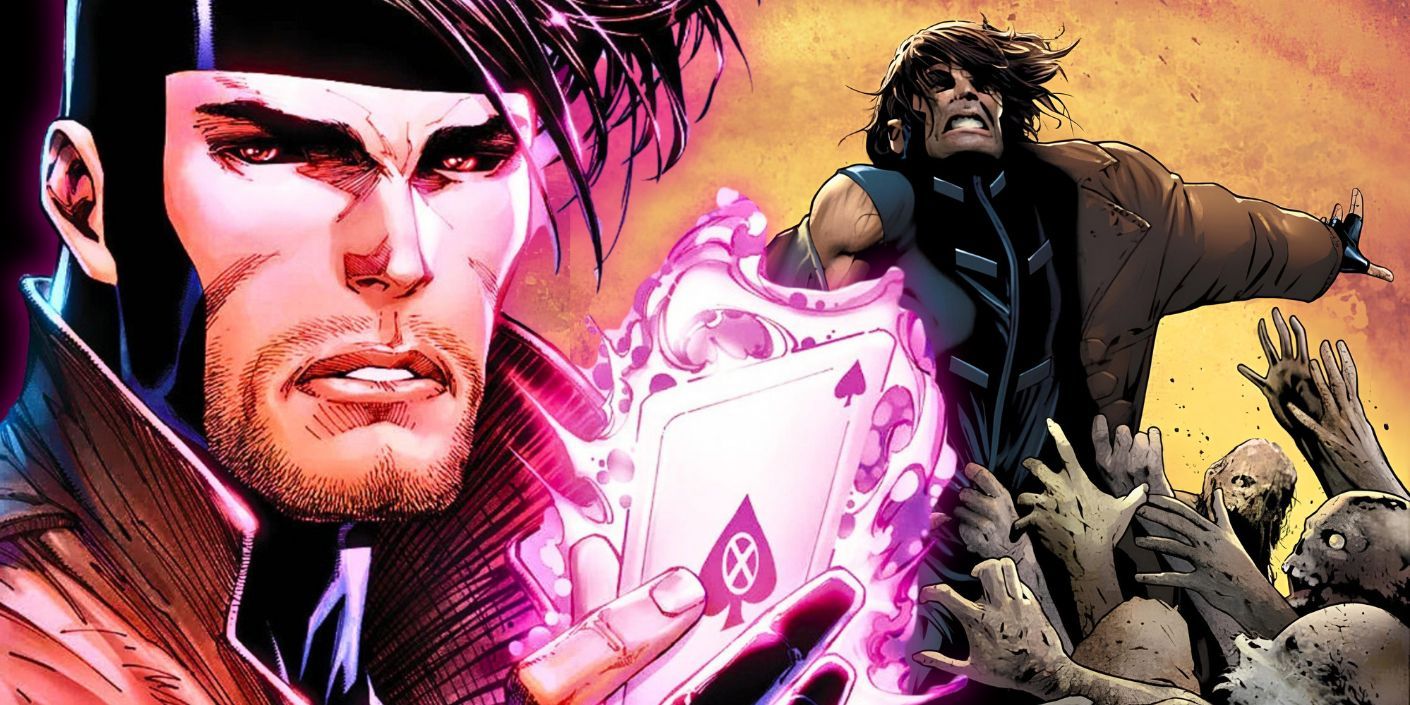 Custom image of Gambit wielding his card next to Gambit getting attacked by zombies.