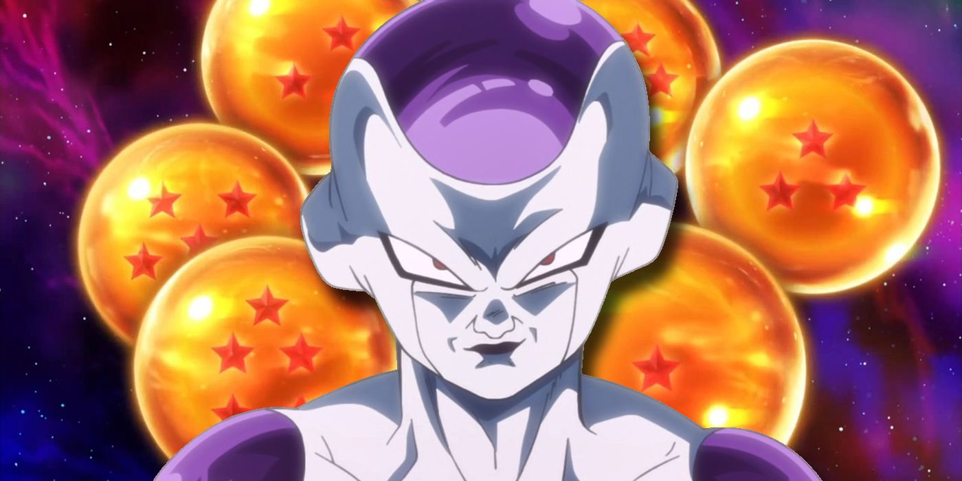 Frieza looking mean in front of the gathered Dragon Balls in space.