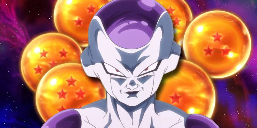 Freeza parecendo malvada em frente às bolas de dragão reunidas no espaço.