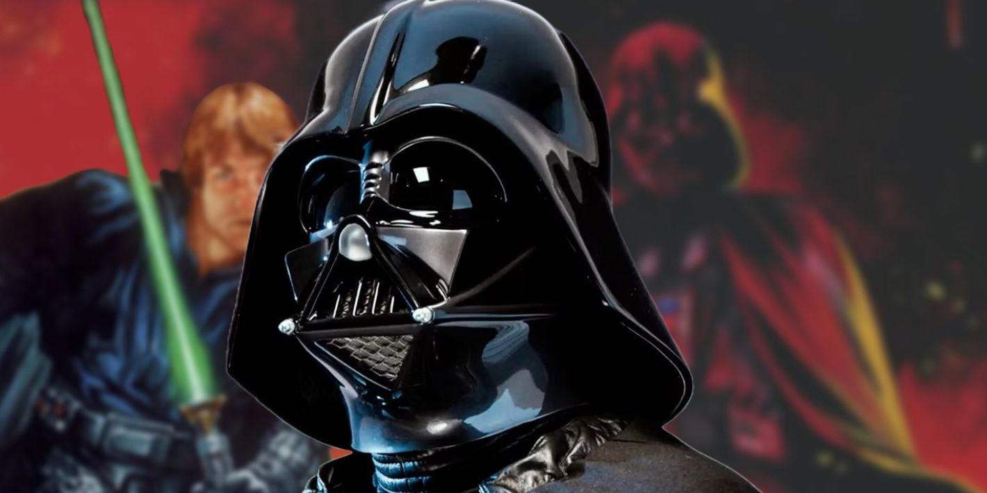 Darth Vader (foreground) with a blurred image of Luke Skywalker (left) and Vader (right) in the background.