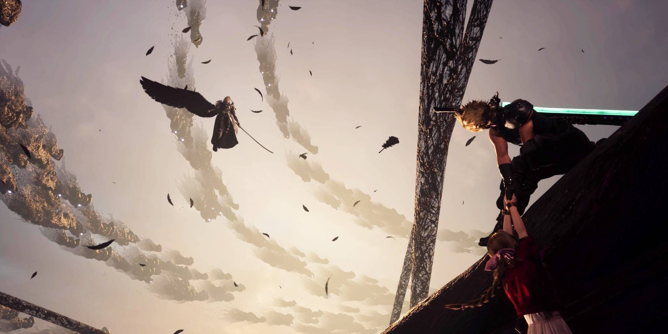 Sephiroth flying above Cloud as he tries to pull Aerith back up at the end of Final Fantasy 7 Rebirth.