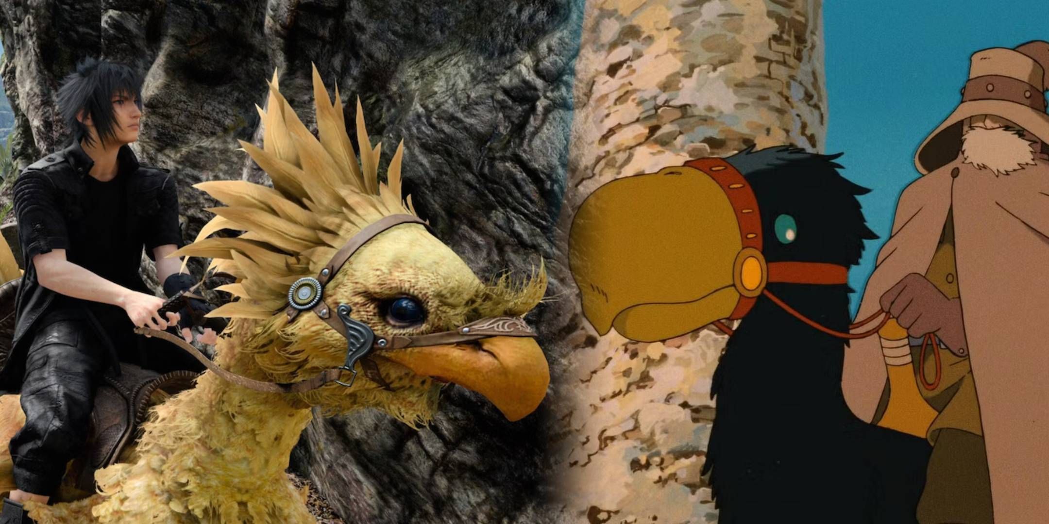Noctis riding a Chocobo in FFXV next to Yupa riding a Horseclaw in Nausicaa.