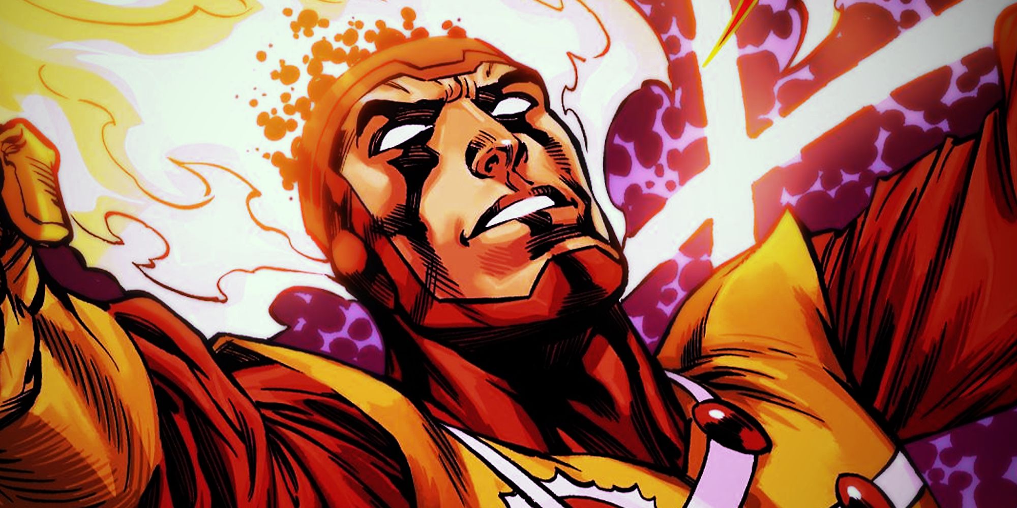 A close-up of Firestorm the Nuclear Man&rsquo;s burning head in DC Comics Art