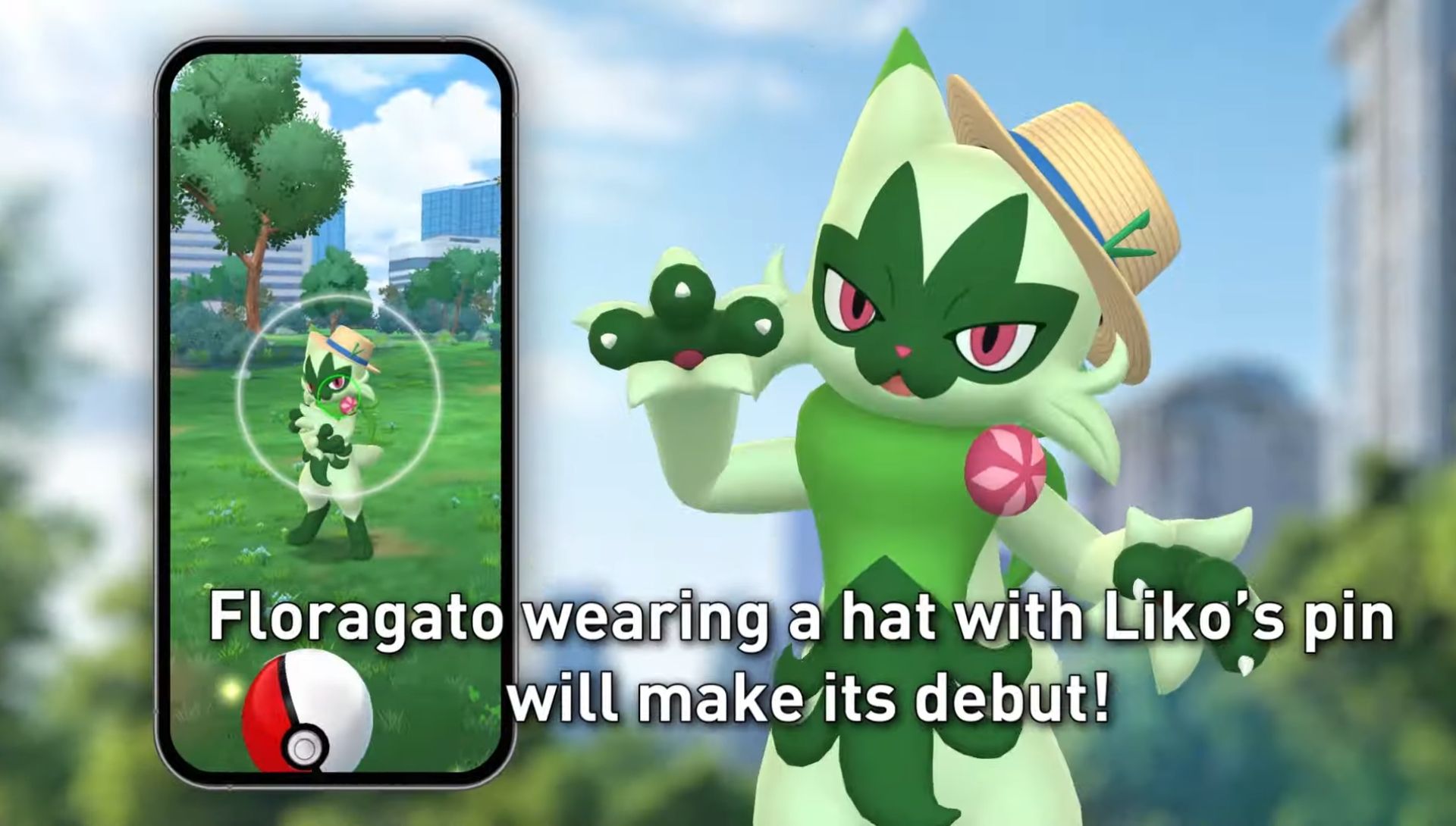 Floragato wearing a hat with Liko&rsquo;s pin shown on a phone in Pokemon GO