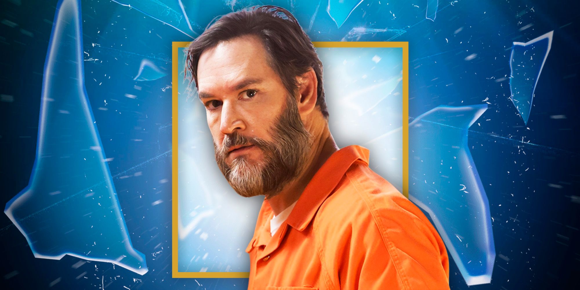 Mark-Paul Gosselaar as Sir in front of blue broken glass background