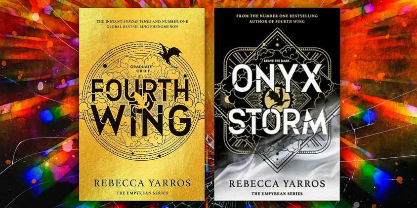 Fourth Wing and Onyx Storm by Rebecca Yarros against a red background with dots of other colors in it