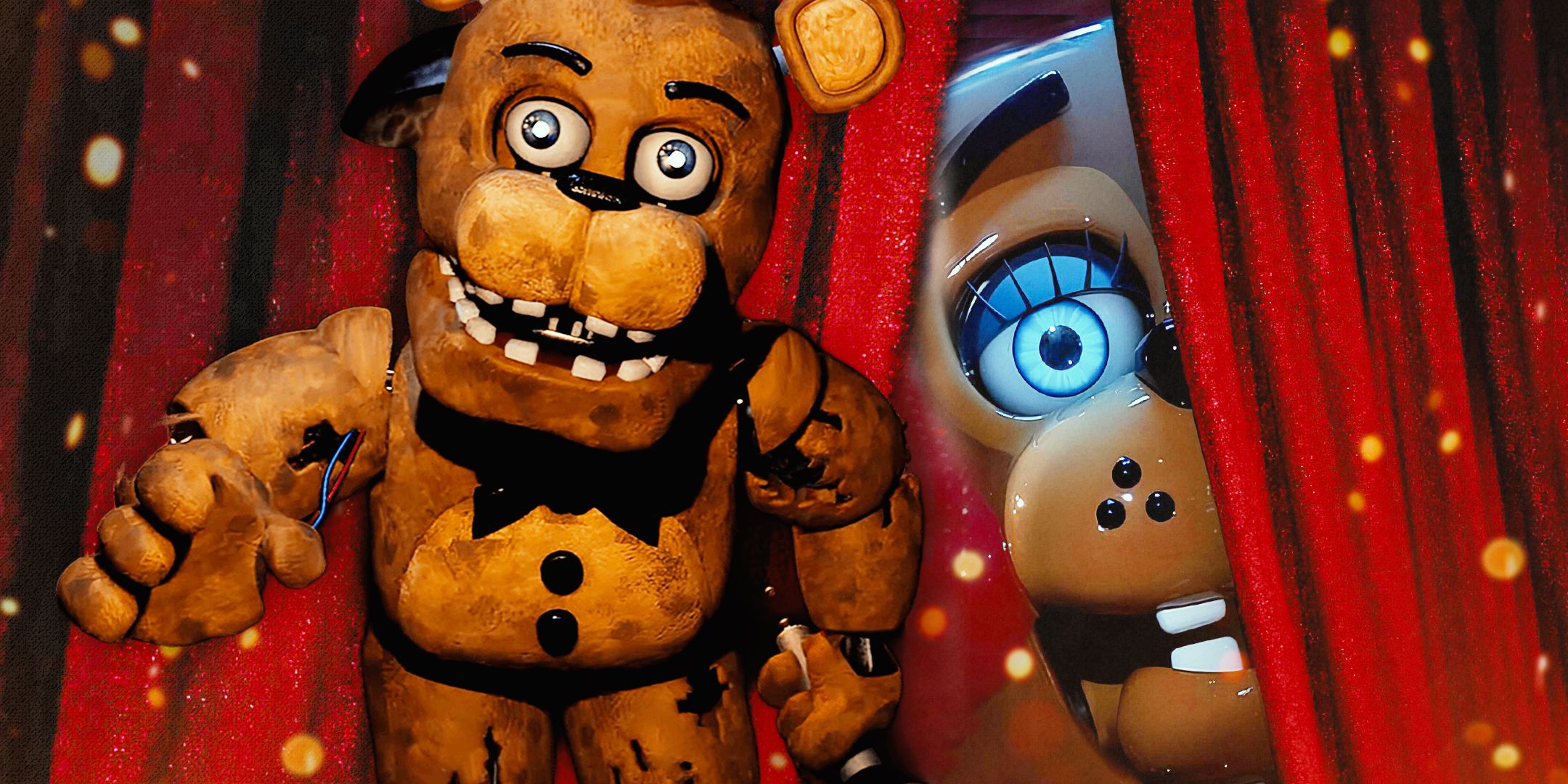 Freddy Fazbear from the Five Nights at Freddy&rsquo;s Game and Movie with a Curtain