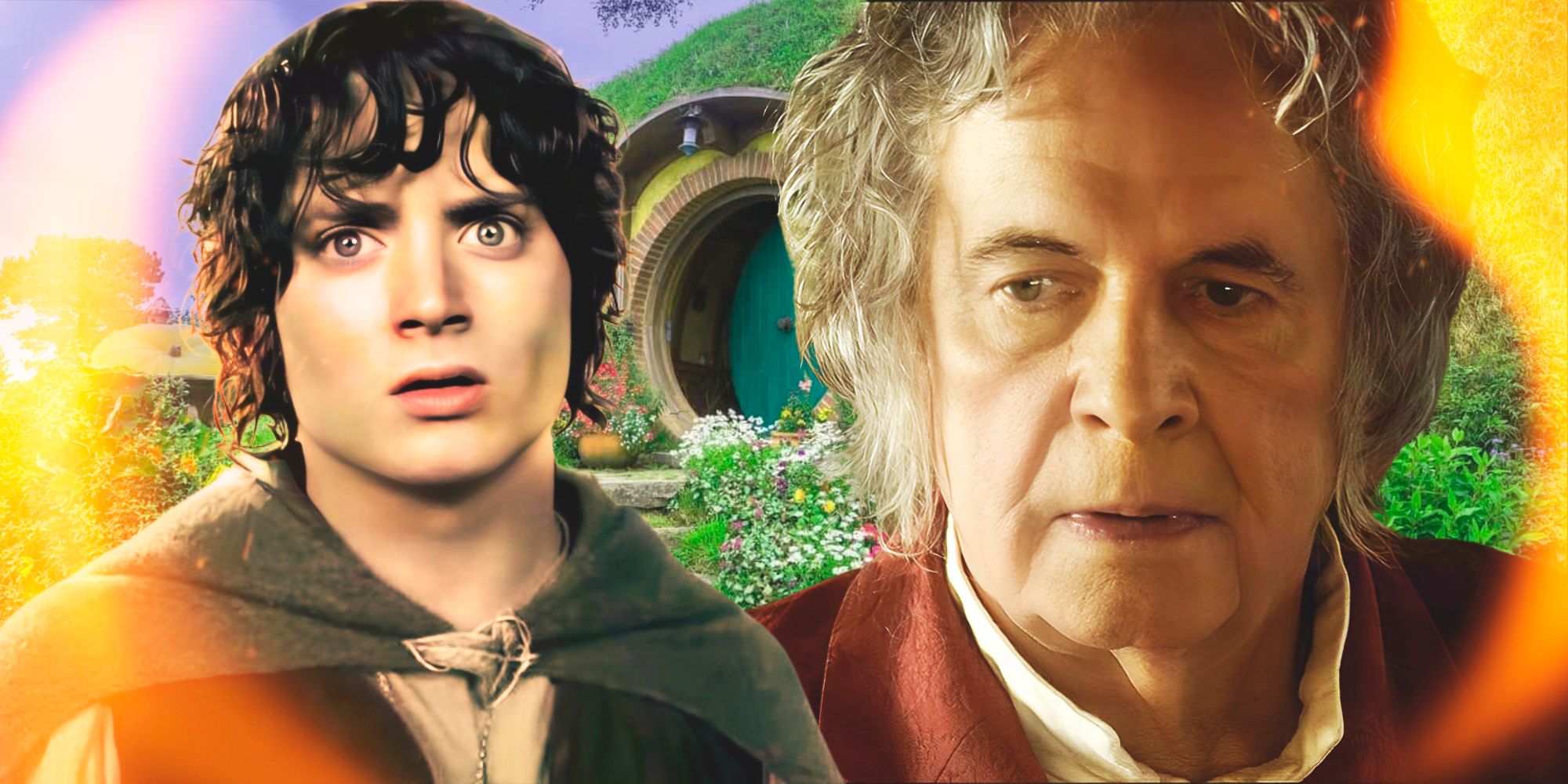 Frodo and Bilbo with Bag End in the background