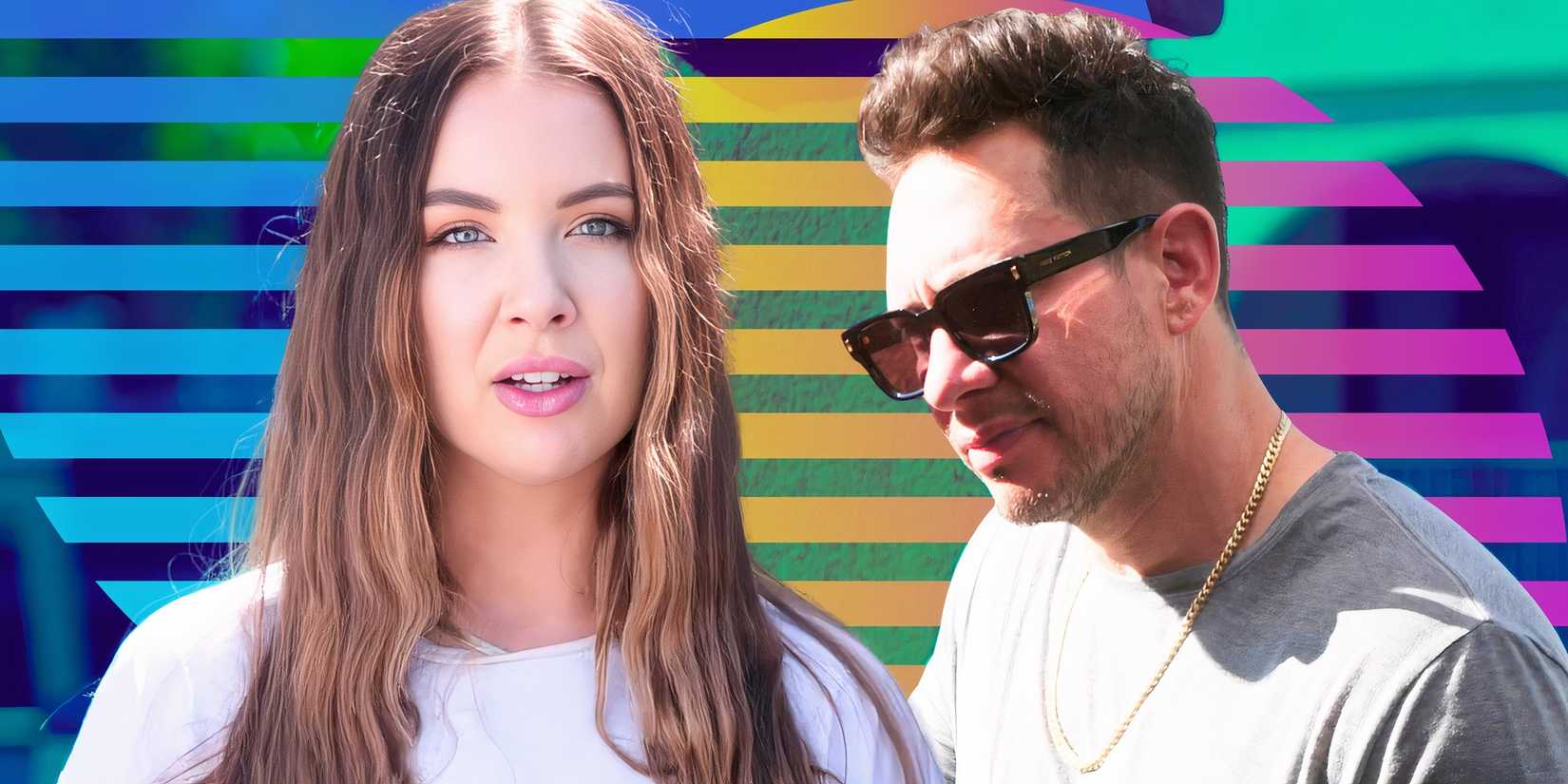 From Drama To Dating star Jenn Potthast with 90 Day Fiance Josh Weinstein looking serious in montage with stripes