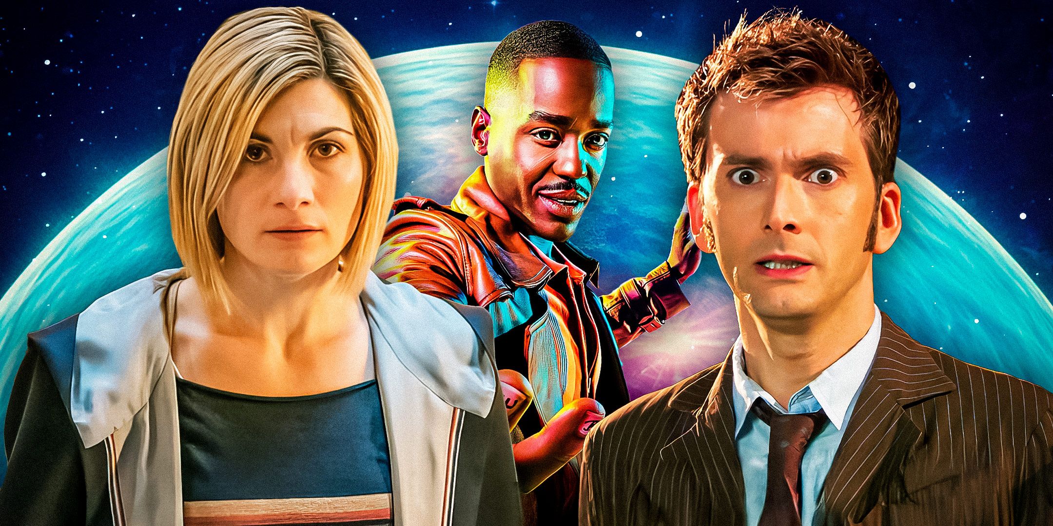 Gatwa, Tennant, and Whittaker as their respective Doctors in Doctor Who