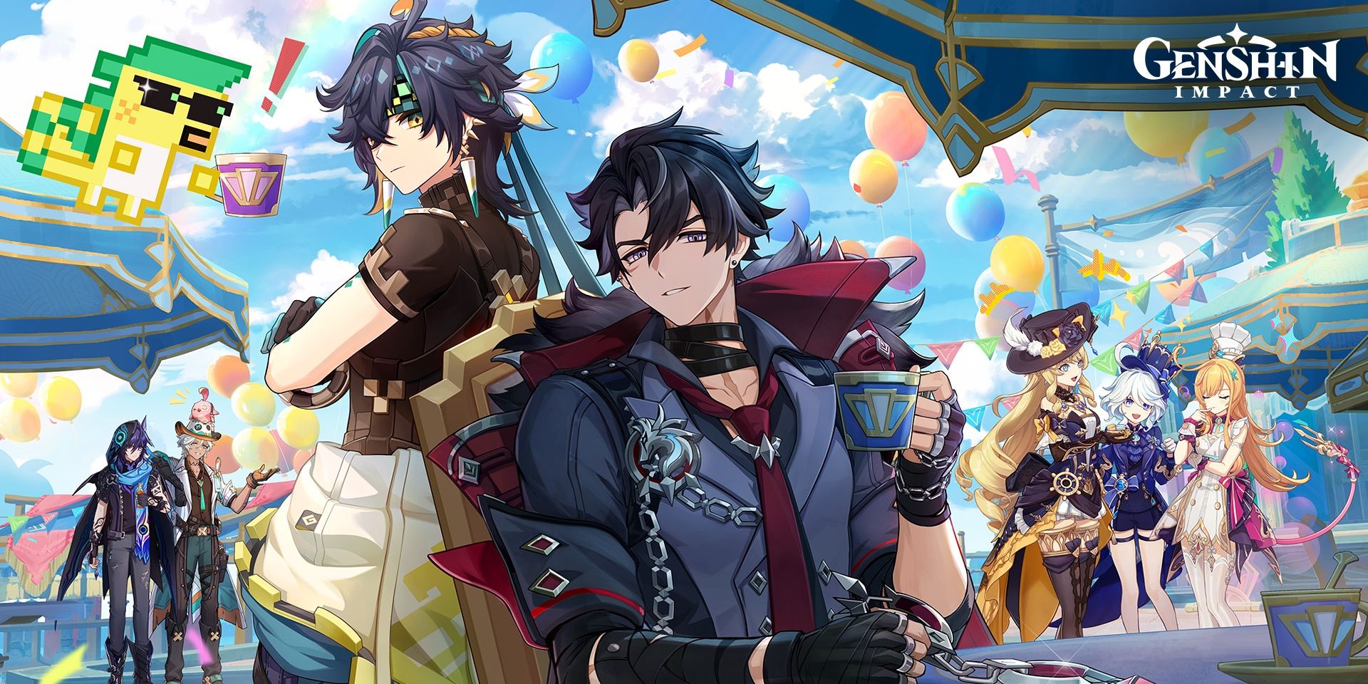 Several Natlan and Fontaine Characters from Genshin Impact are assembled together.