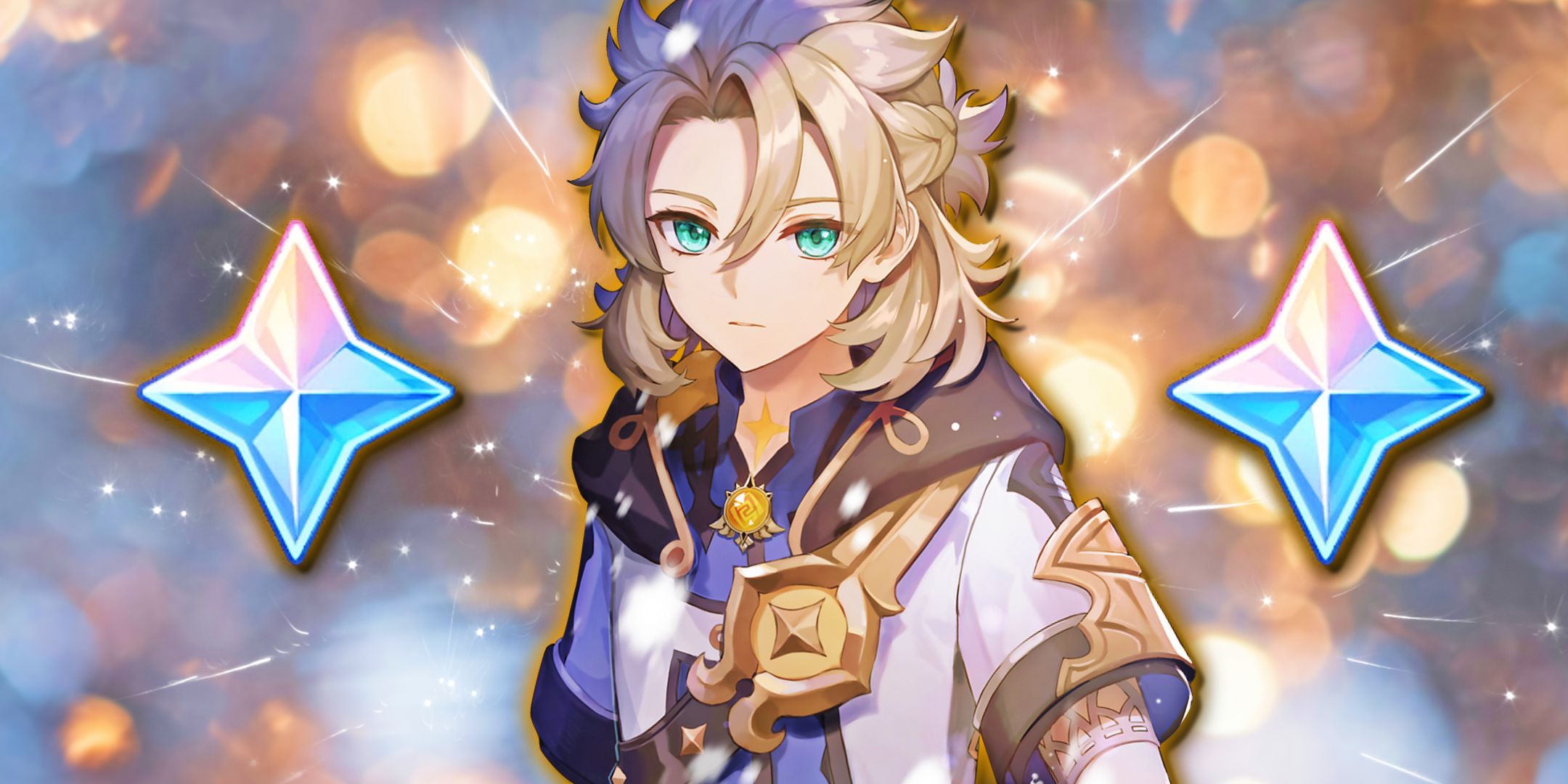 Genshin Impact&rsquo;s Albedo looks serious, flanked by two Primogems.