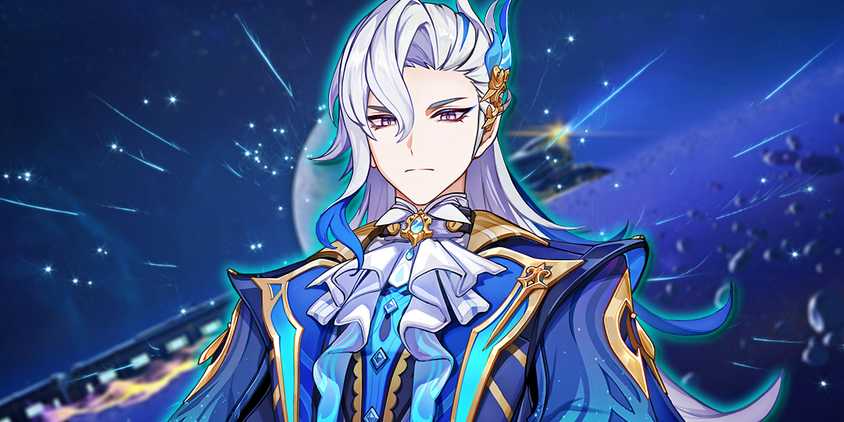 Genshin Impact's Neuvillette poses seriously in front of Honkai: Star Rail's Astral Express.