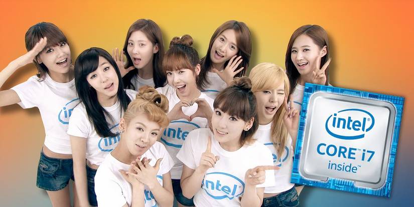 K-pop group Girls' Generation alongside the Intel core processor product