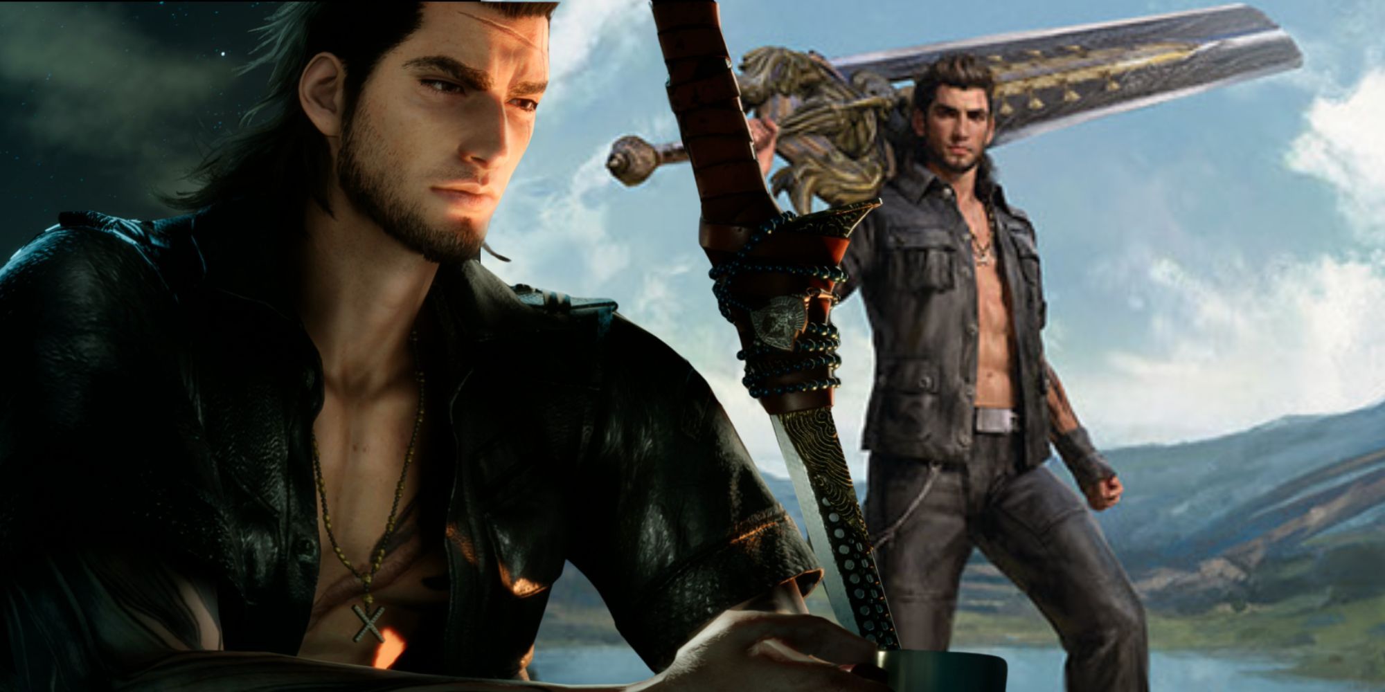 Gladiolus Amicitia from FF15 next to his card in Magic The Gatheirng&rsquo;s Final Fantasy set