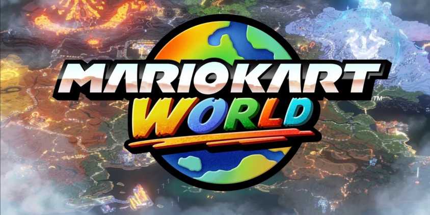 Mario Kart World logo over the game's map from the first trailer