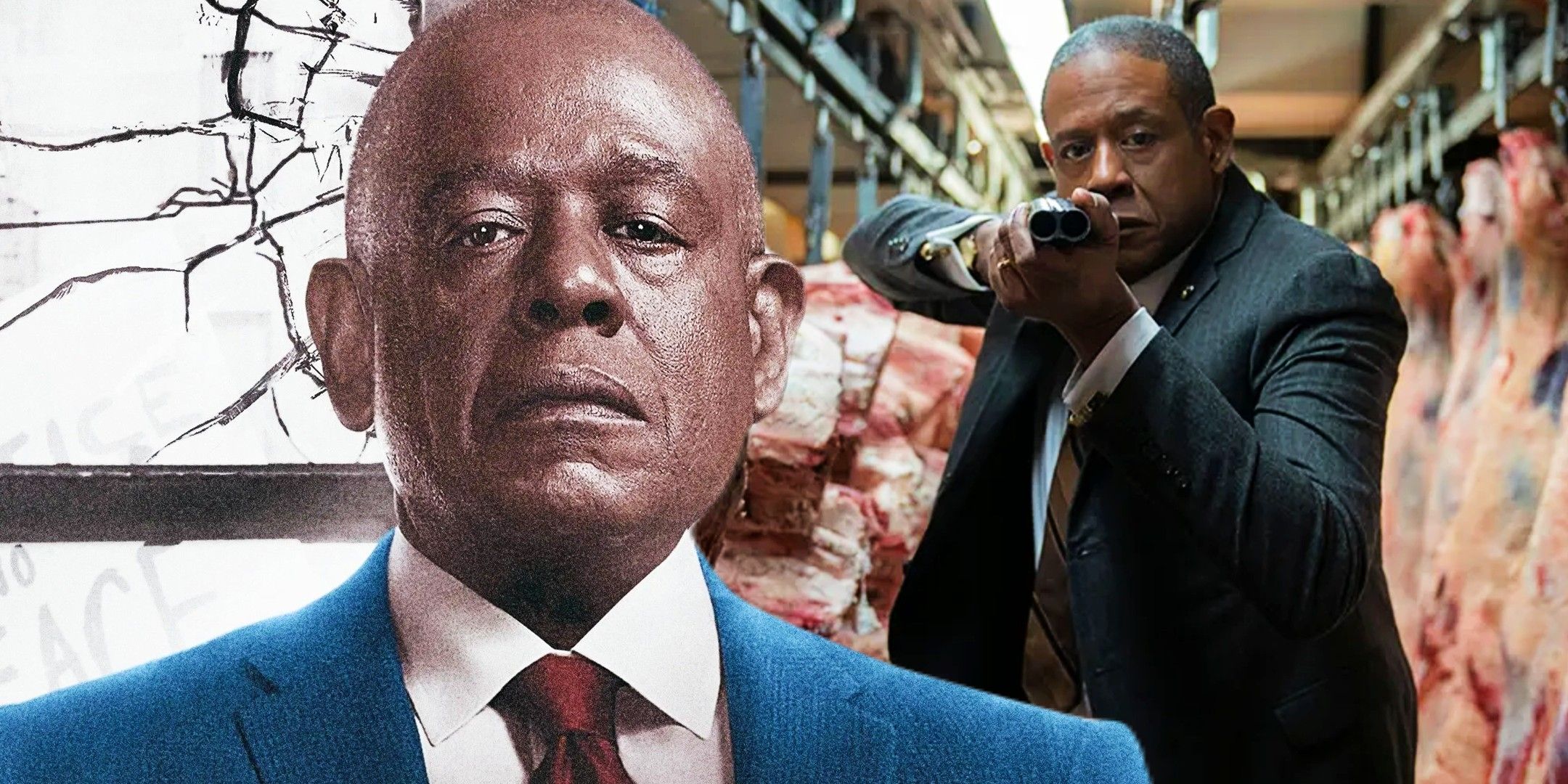 A composite image of Bumpy looking serious in front of Bumpy walking with a shotgun in Godfather of Harlem.