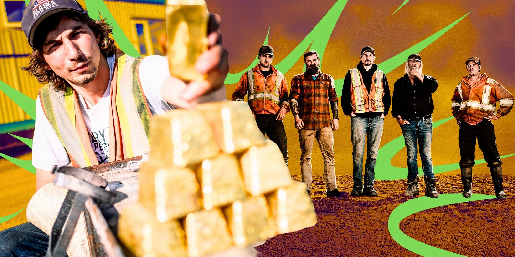 gold rush stars posing with gold bars and in group shot in background in workwear