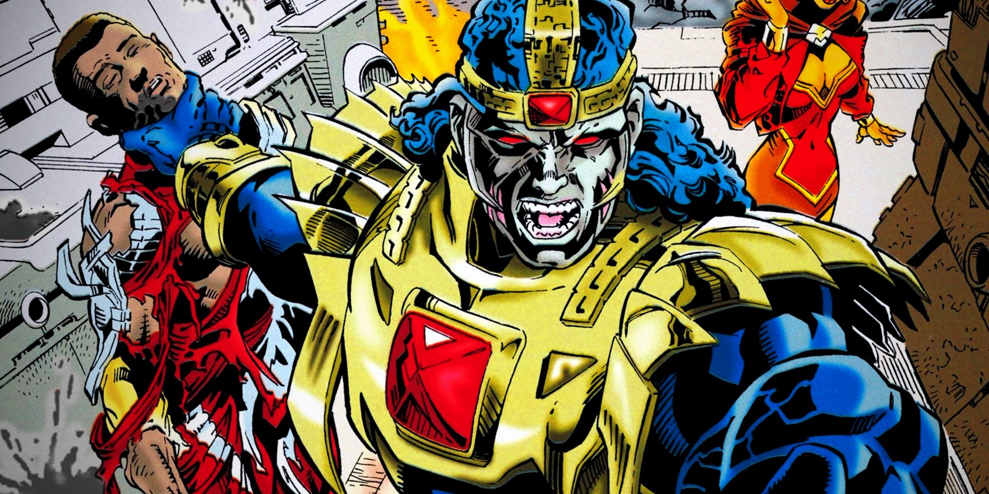 Grayven The Son of Darkseid holding an enemy by the throat in DC Comic Art