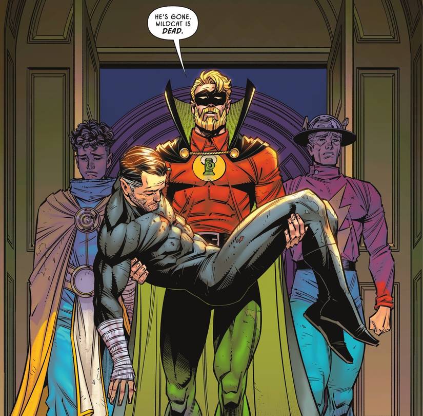 Green Lantern Carries Dead Body of Wildcat in JSA Comic