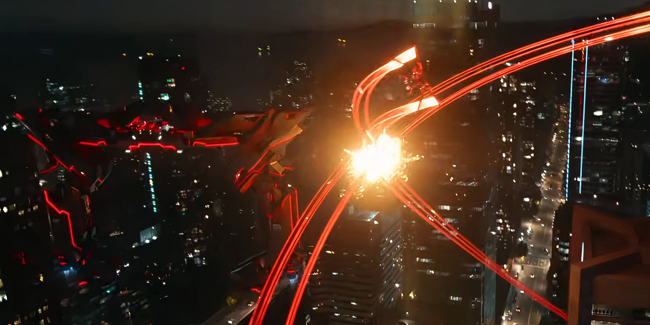 Grid Light Ships using their trails to protect a bigger Grid ship in Tron: Ares