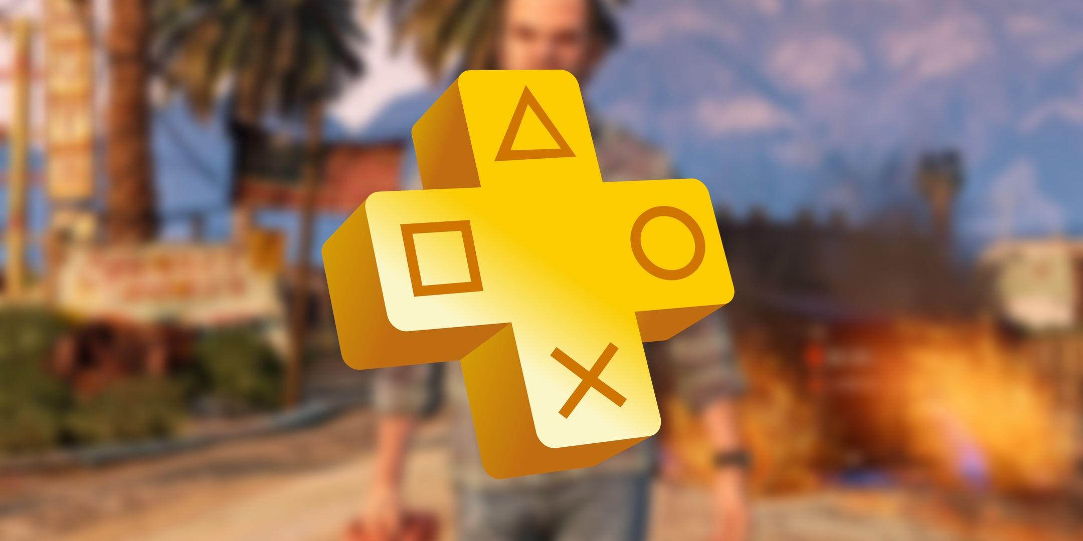 PlayStation Plus logo over a blurred screenshot of GTA 5