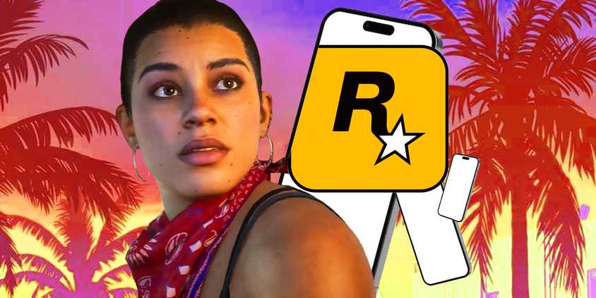 GTA 6 Lucia with phones and a rockstar logo