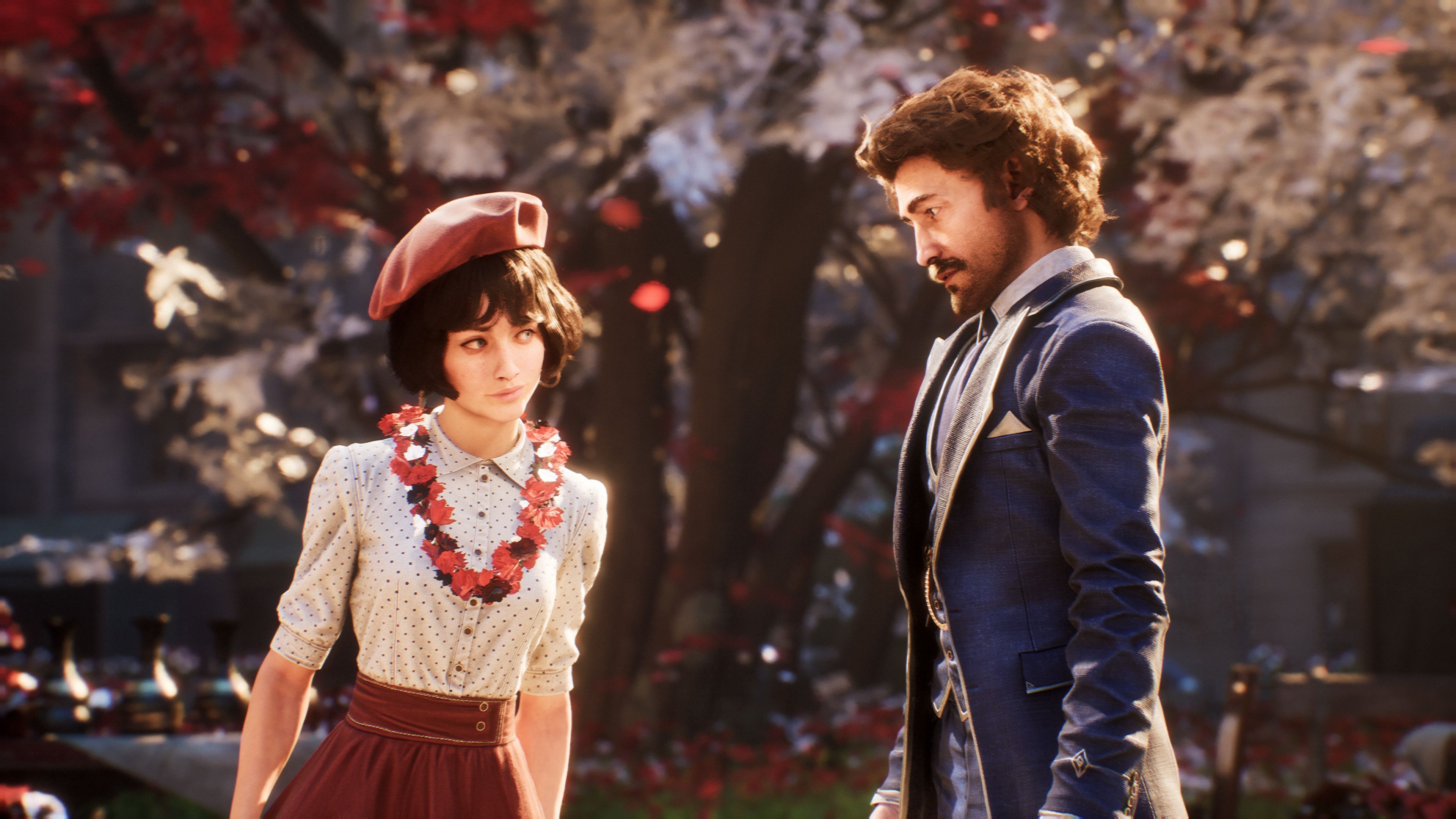Gustave and Sophie standing beneath a tree with red and white leaves in Clair Obscur.