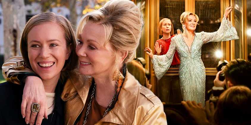 A composite image of Ava and Deborah hugging in front of Deborah upstaging Ava in Hacks.